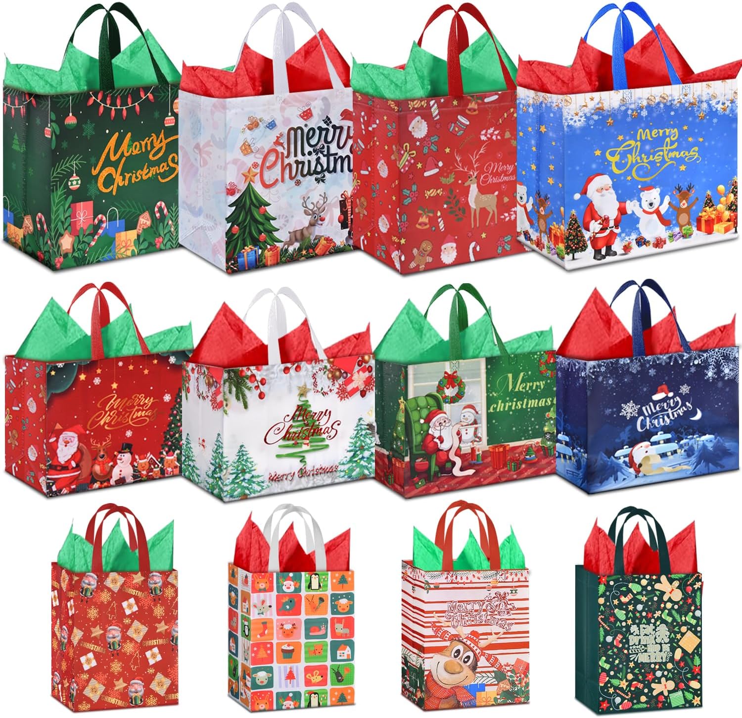 AhfuLife 12Pcs Christmas Bags with Tissue Paper, Reusable Christmas Tote Bags wi...