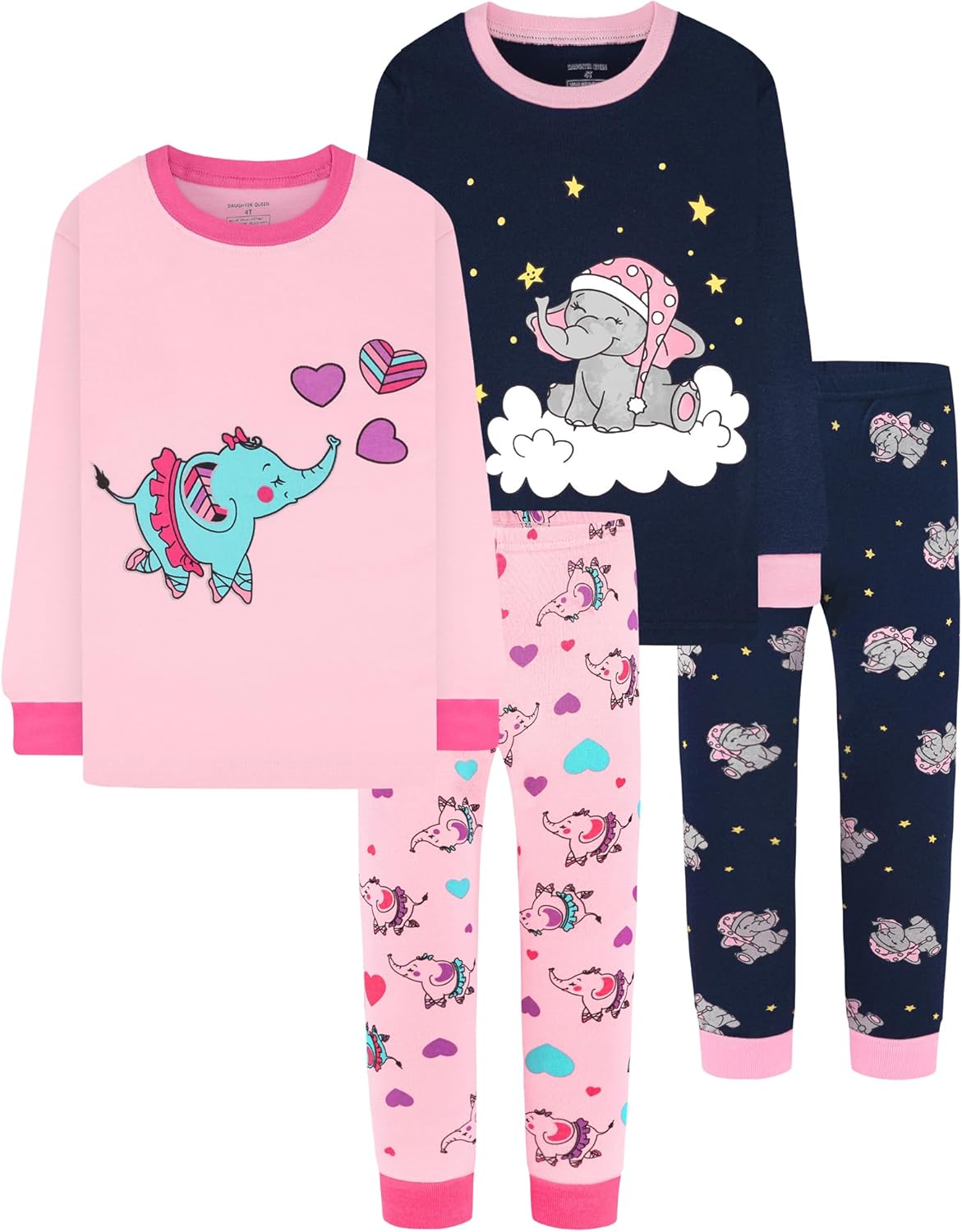 DAUGHTER QUEEN Girls 4 Pieces Cotton Pajamas Size 18 Months-12 Years 3T 4pcs-nav...