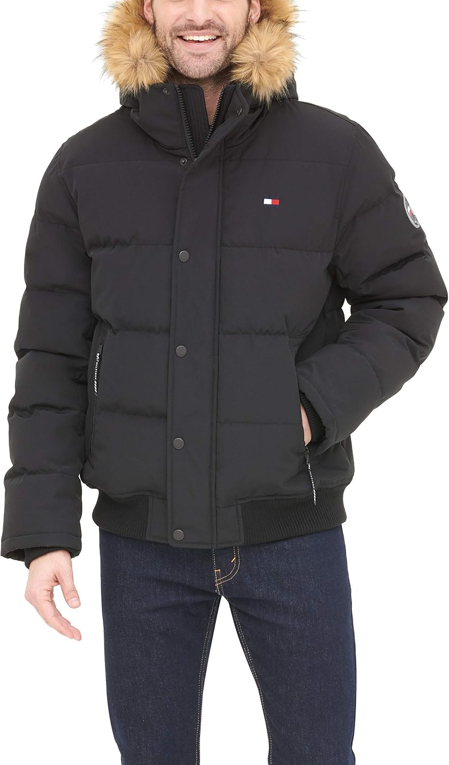 Tommy Hilfiger Men's Arctic Cloth Quilted Snorkel Bomber Jacket Medium Black
