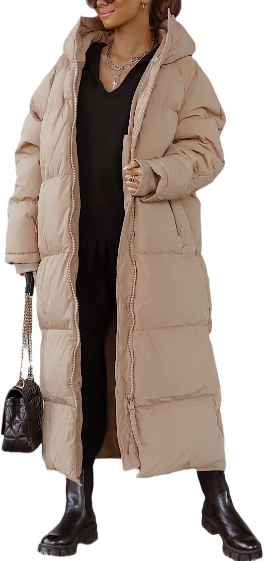 Shanfetl Women Long Quilted Coat Hooded Maxi Length Long Sleeve Puffer Jacket Pa...