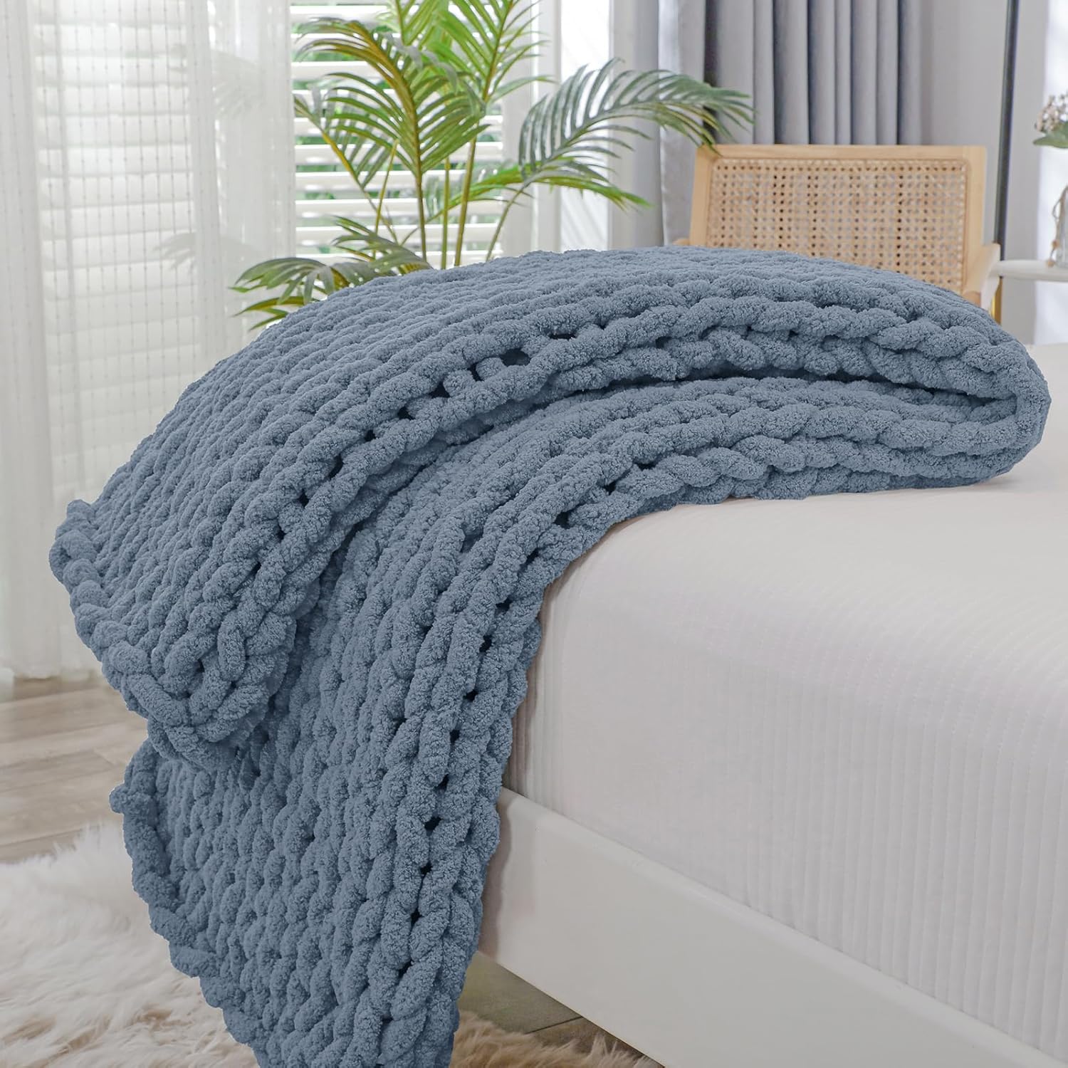 Bigacogo Chunky Knit Blanket Throw 40"x40", 100% Hand Knitted Chenille Throw Bla...