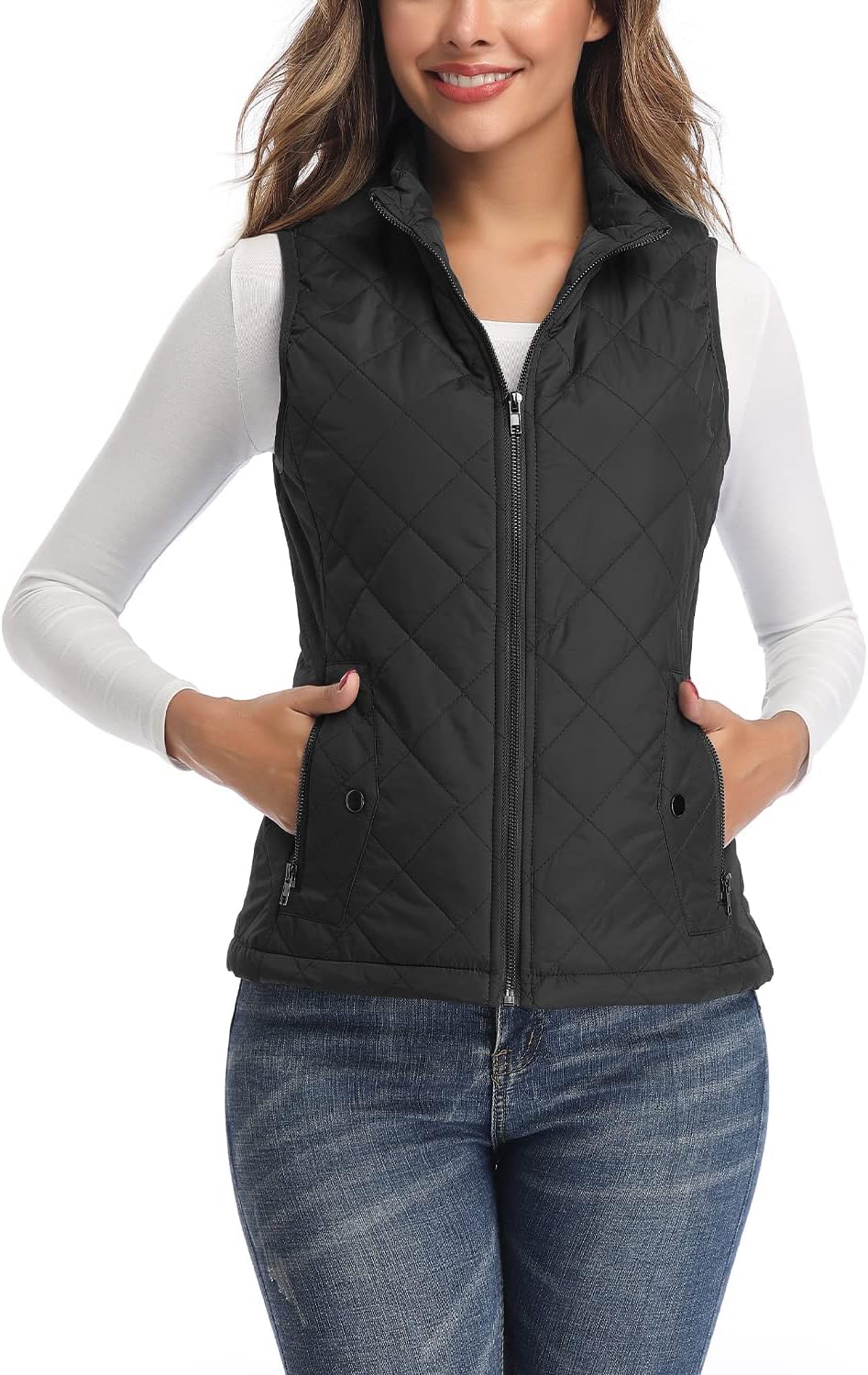 LONGKING Women's Vest, Stand Collar Lightweight Zip Quilted Vest for Women Black...