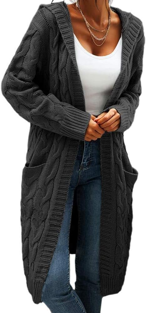 Women Hooded Open Front Cardigan Cable Knit Sweaters Solid Color Chunky Long Swe...