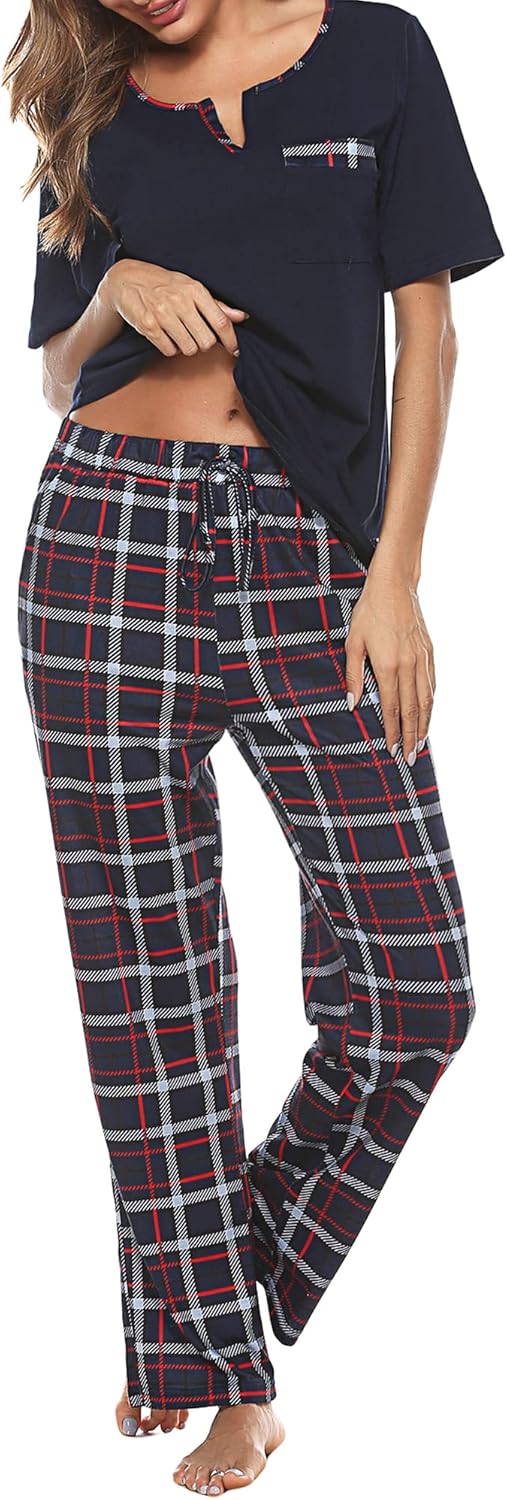 Bresdk Women Pyjama Set Cotton Checked Short Sleeve Loungewear 2 Pieces V-Neck T...