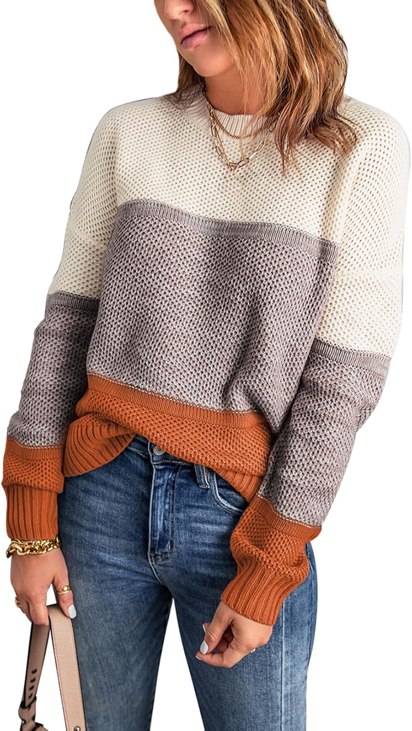 Dokotoo Womens Color Block Sweaters Long Sleeve Crewneck Pullover Knit Jumper To...