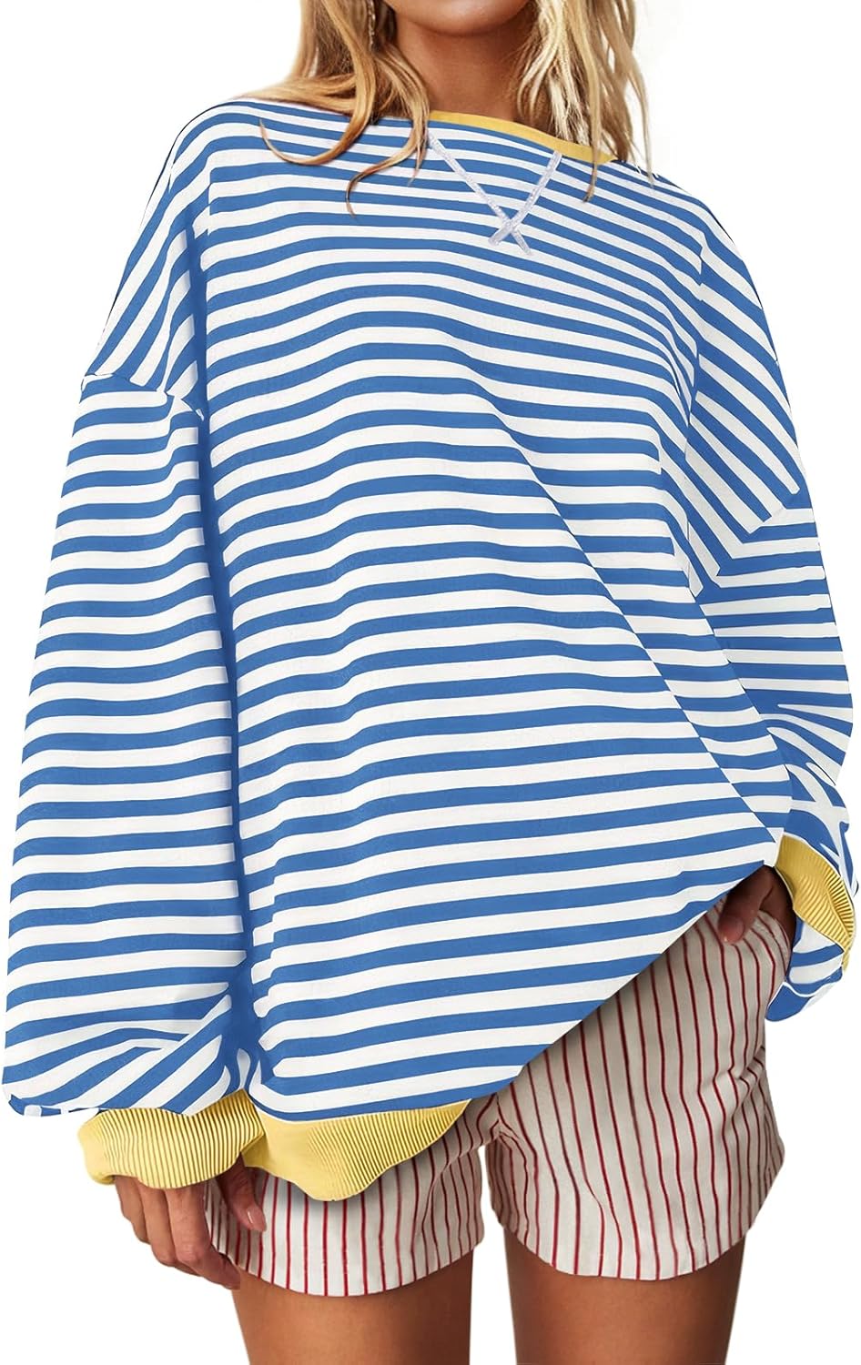 UEU Women Oversized Striped Crewneck Sweatshirt Long Sleeve Color Block Pullover...