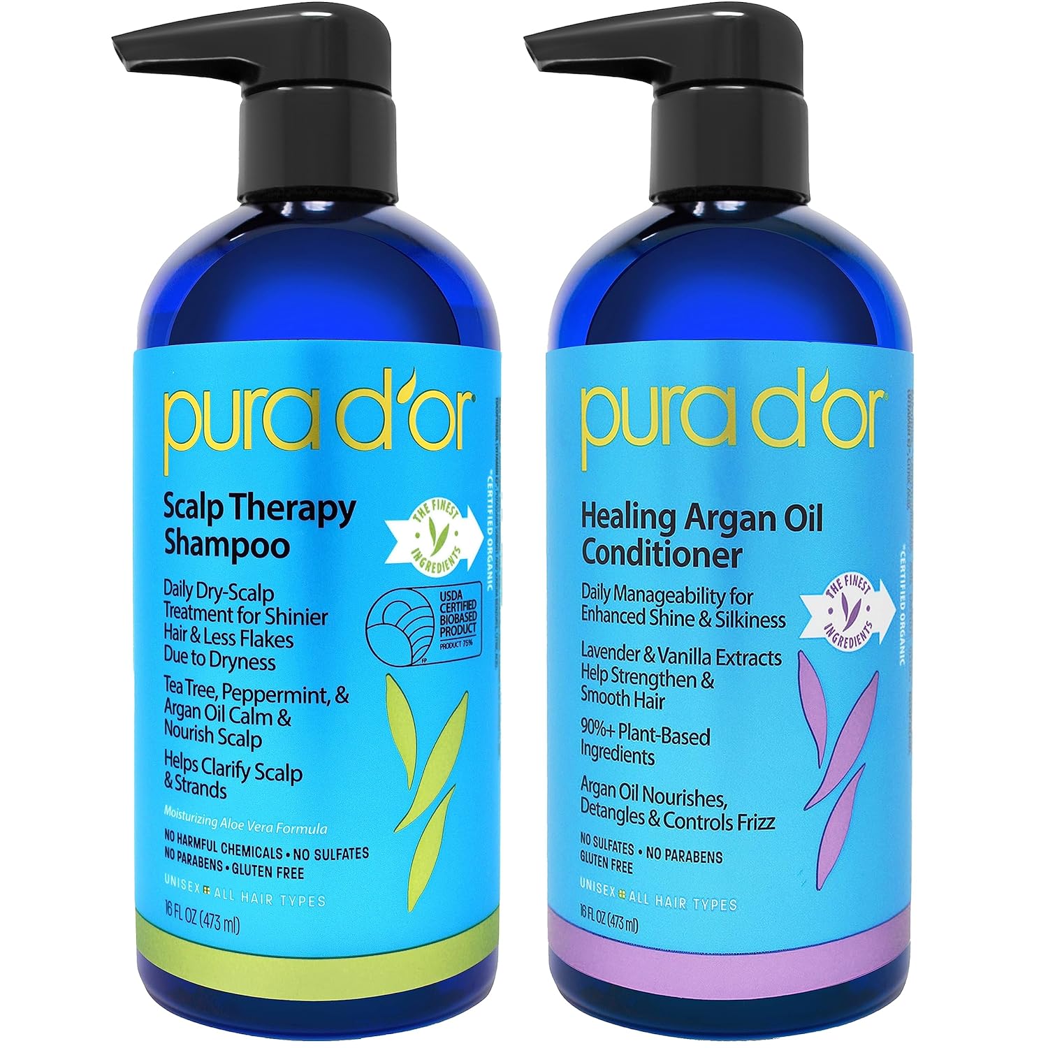 PURA D'OR Scalp Therapy Shampoo & Conditioner Set (16oz x 2) Dry, Itchy Scalp-Hy...