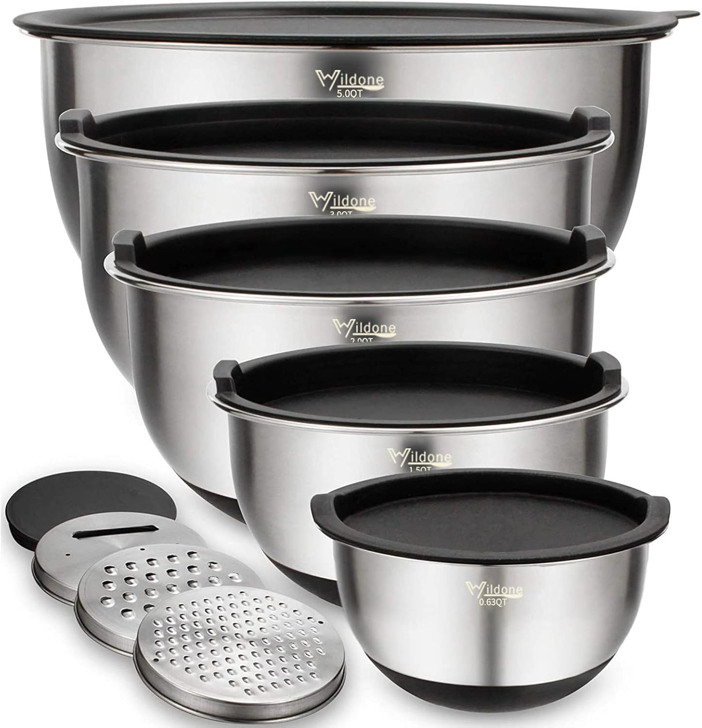Wildone Mixing Bowls with Lids Set, 5PCS Stainless Steel Nesting Bowls with 3 Gr...