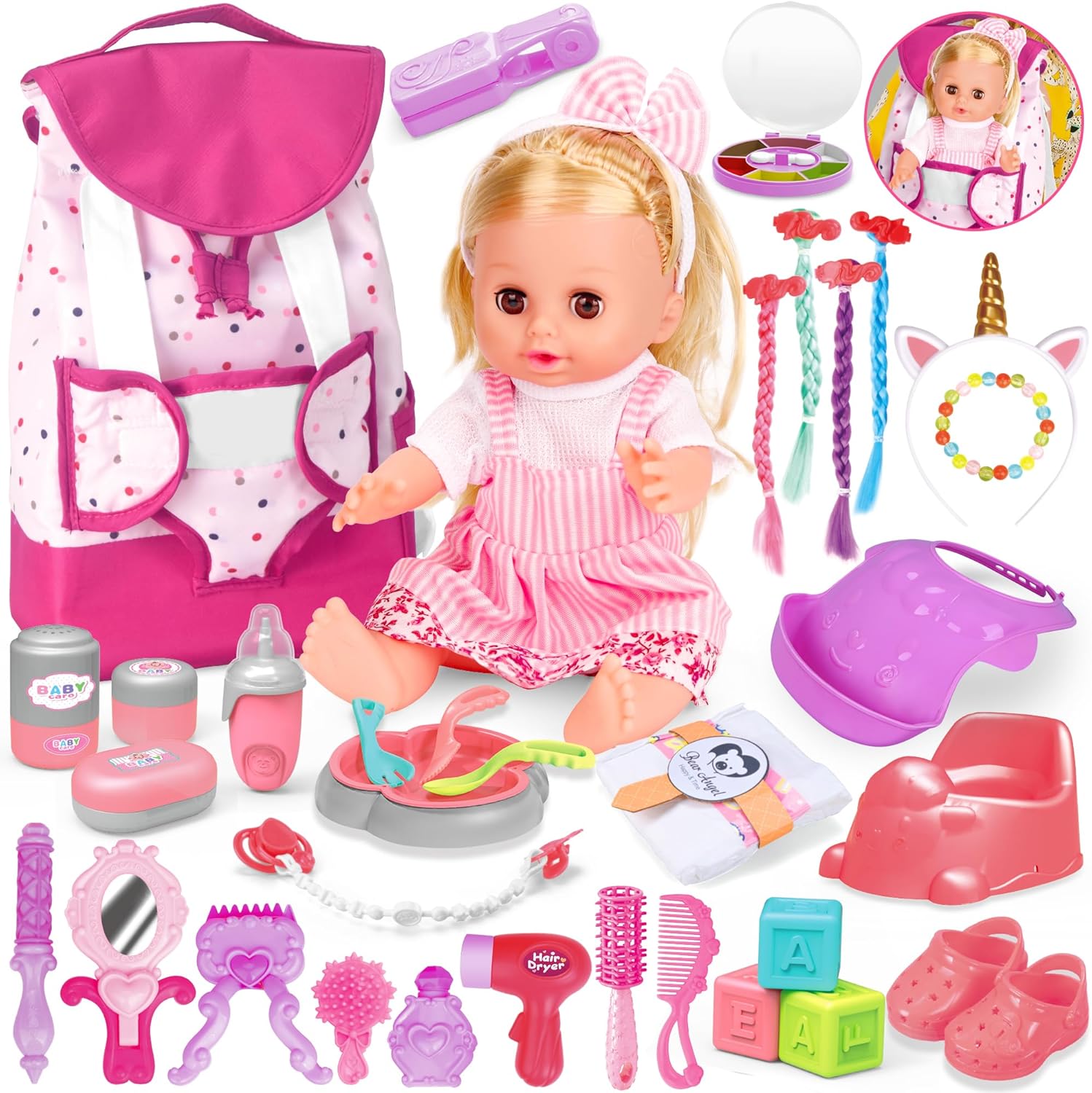 Baby Care & Hair Salon Doll Toy Set, 35PCS Doll Playset, Pretend Play Toddler Do...