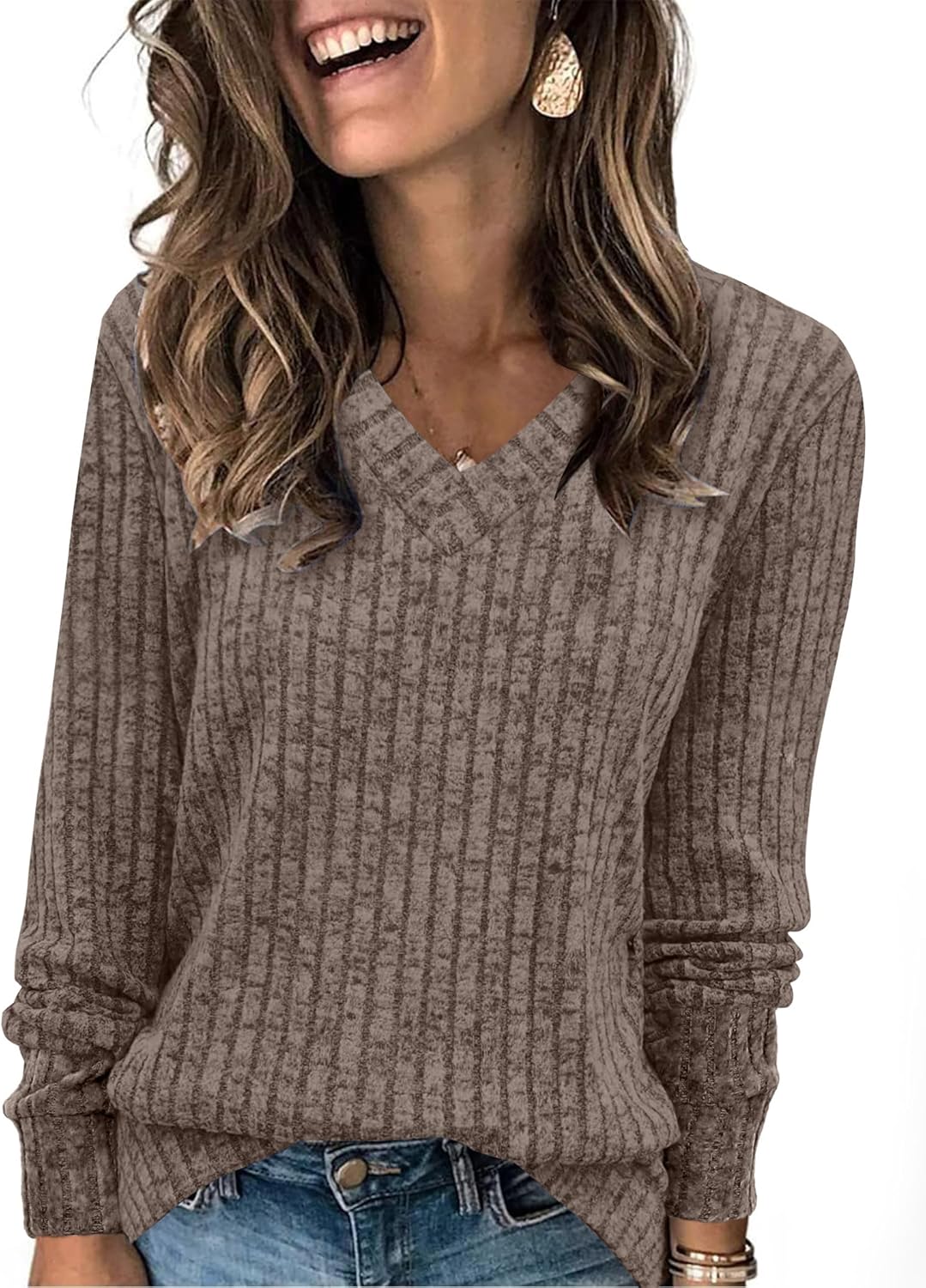 SAMPEEL V Neck Long Sleeve Shirts for Women Casual Fall Tops Lightweight Tunic S...