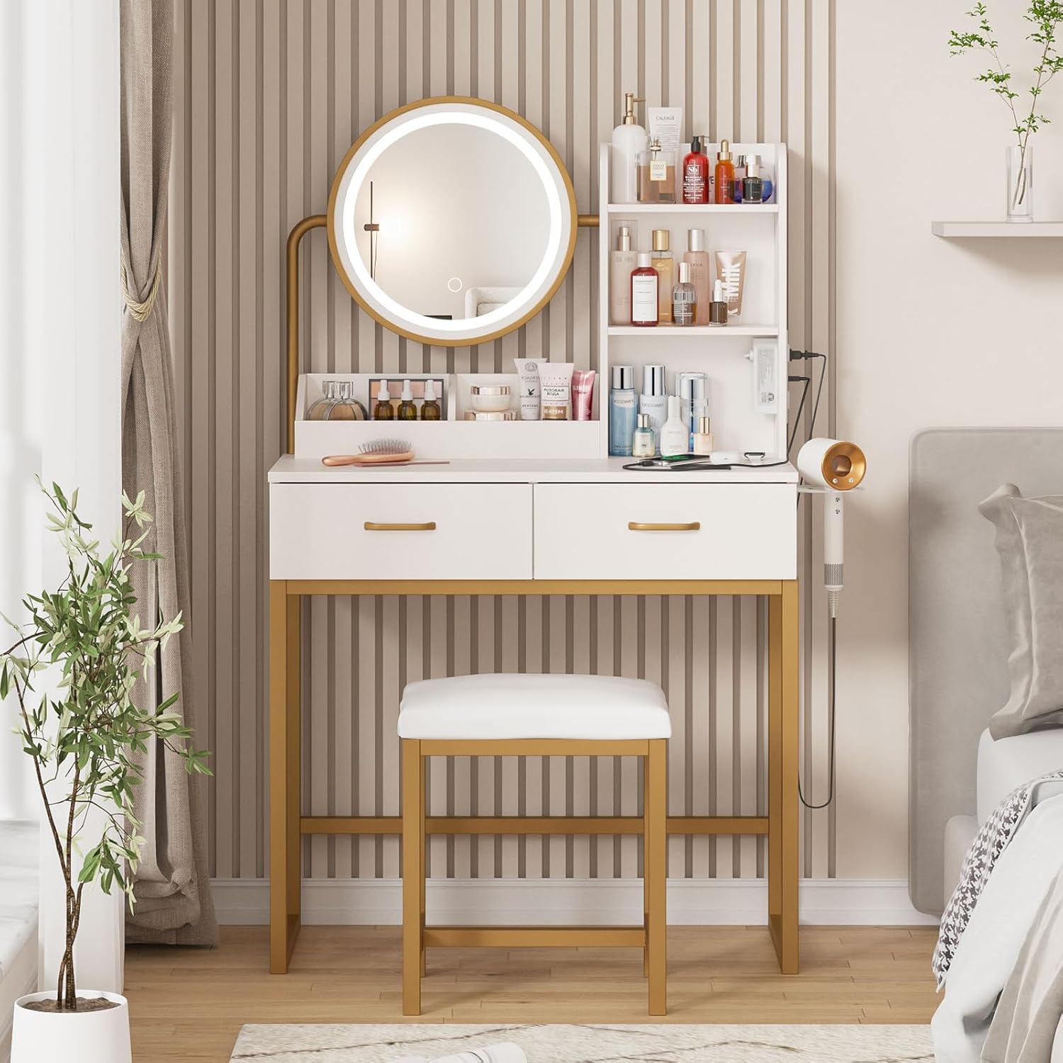 Makeup Vanity with Round Mirror and Lights, White Vanity Makeup Table with Charg...