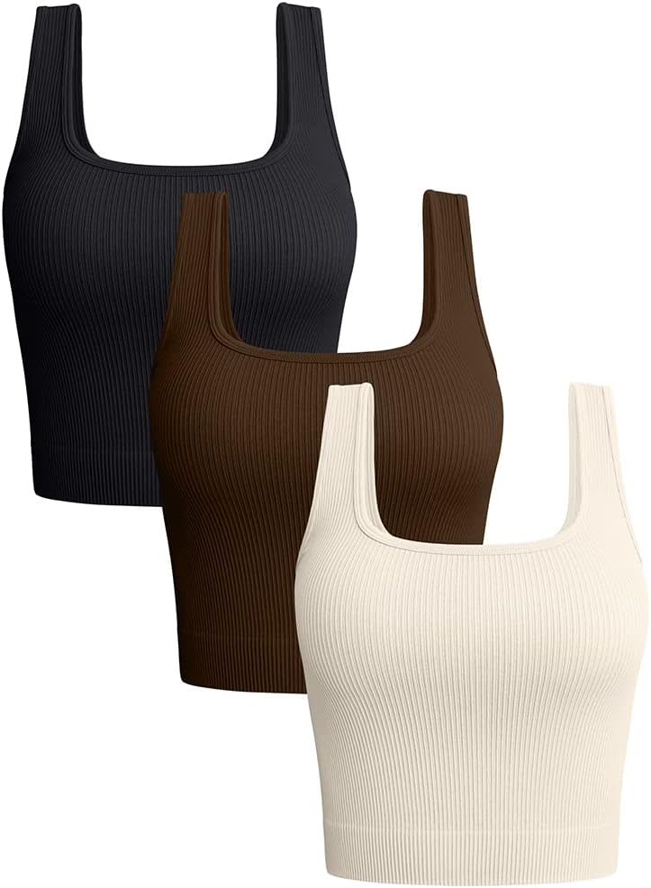 OQQ Women's 3 Piece Tank Tops Ribbed Seamless Workout Exercise Shirts Yoga Crop...