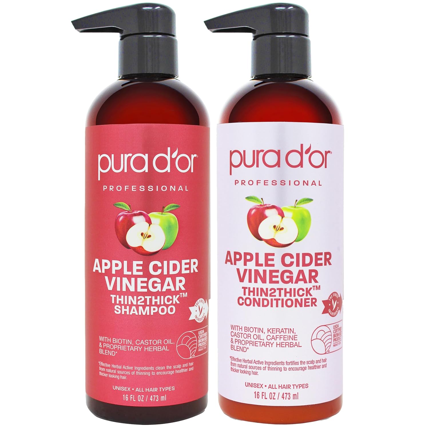 PURA D'OR Apple Cider Vinegar Thin2Thick Set Shampoo Conditioner for Regrowth, H...