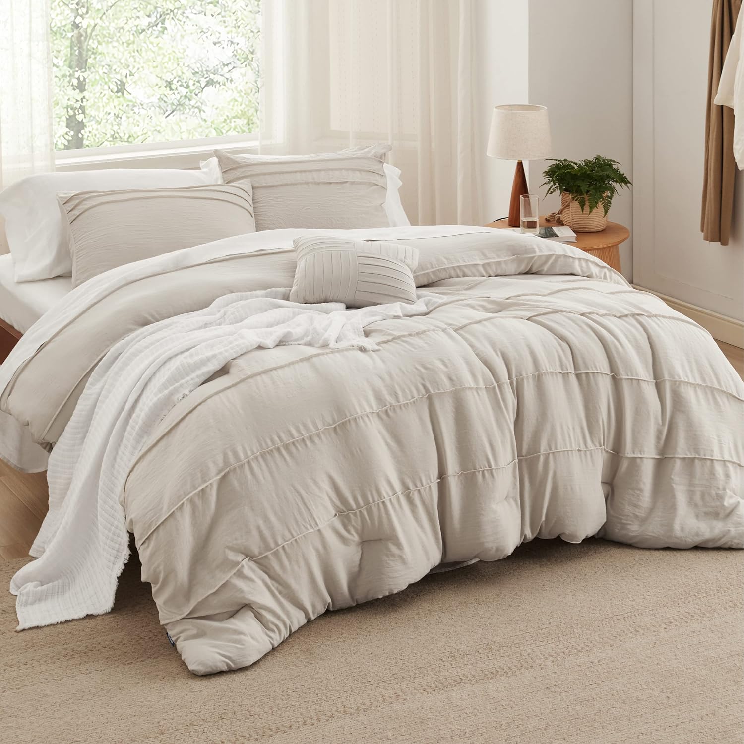 Bedsure Beige King Size Comforter Set - 4 Pieces Pinch Pleat Bed Set, Down Alter...