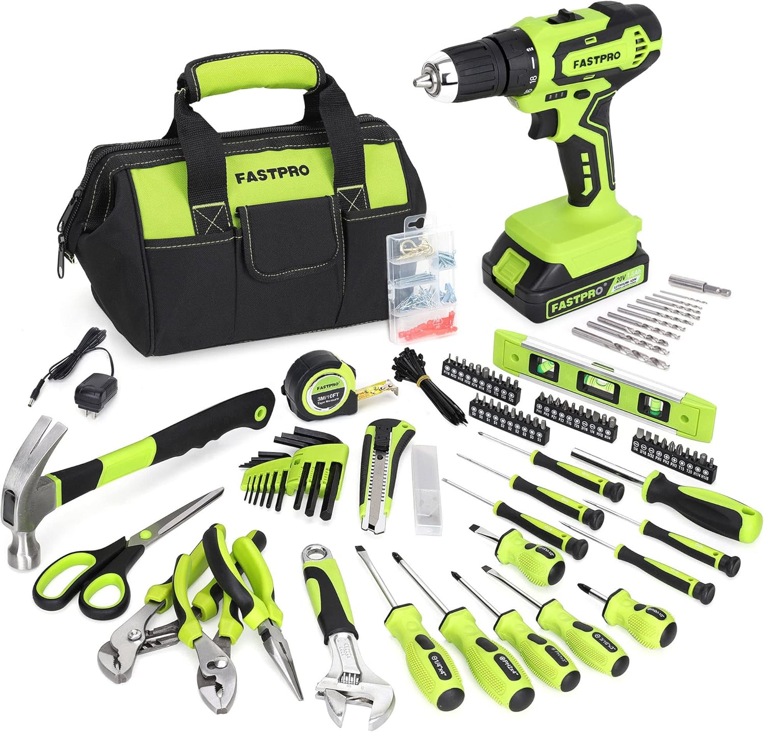 FASTPRO 232-Piece 20V Cordless Lithium-ion Drill Driver and Home Tool Set, House...