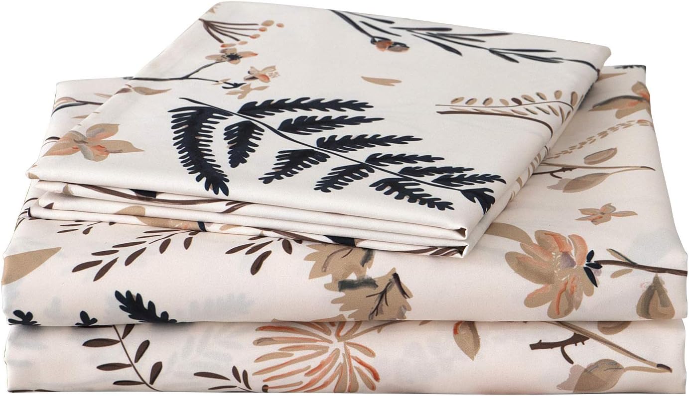 JSD Boho Floral Printed Sheet Set King Size, 4 Piece, Soft Botanical Pattern Mic...