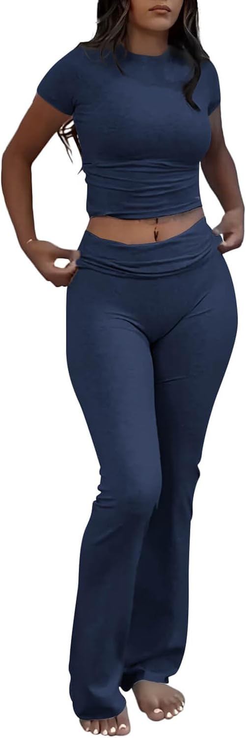 ZFLM Casual Workout Two Piece Outfits for Women Short Sleeve Crop High Waist Fol...
