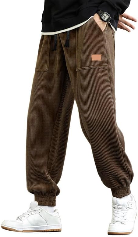 JMIERR Mens Corduroy Joggers Pants Casual Cargo Pants Drawstring Elastic Waist B...