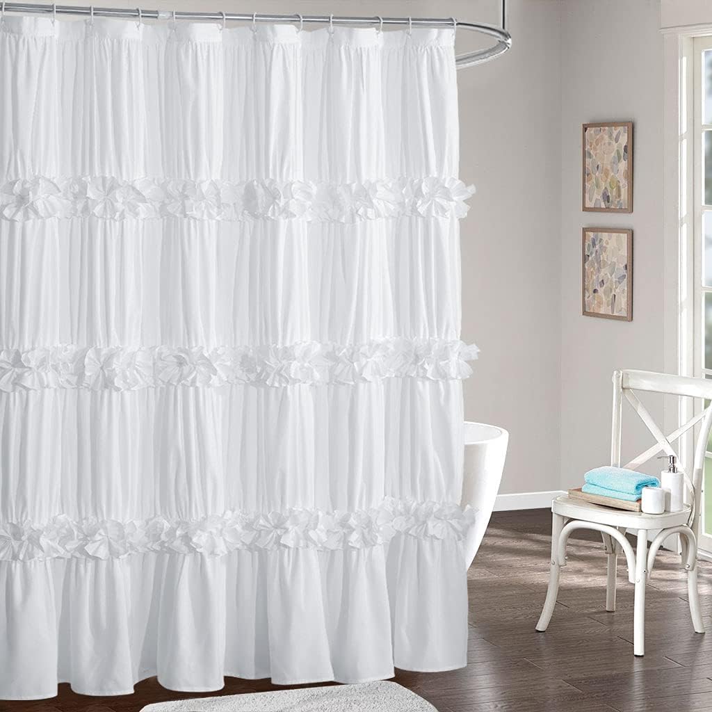 Victorian Ruffle Shower Curtain, Ruched Microfiber Vintage Handcrafted Bow Tie B...
