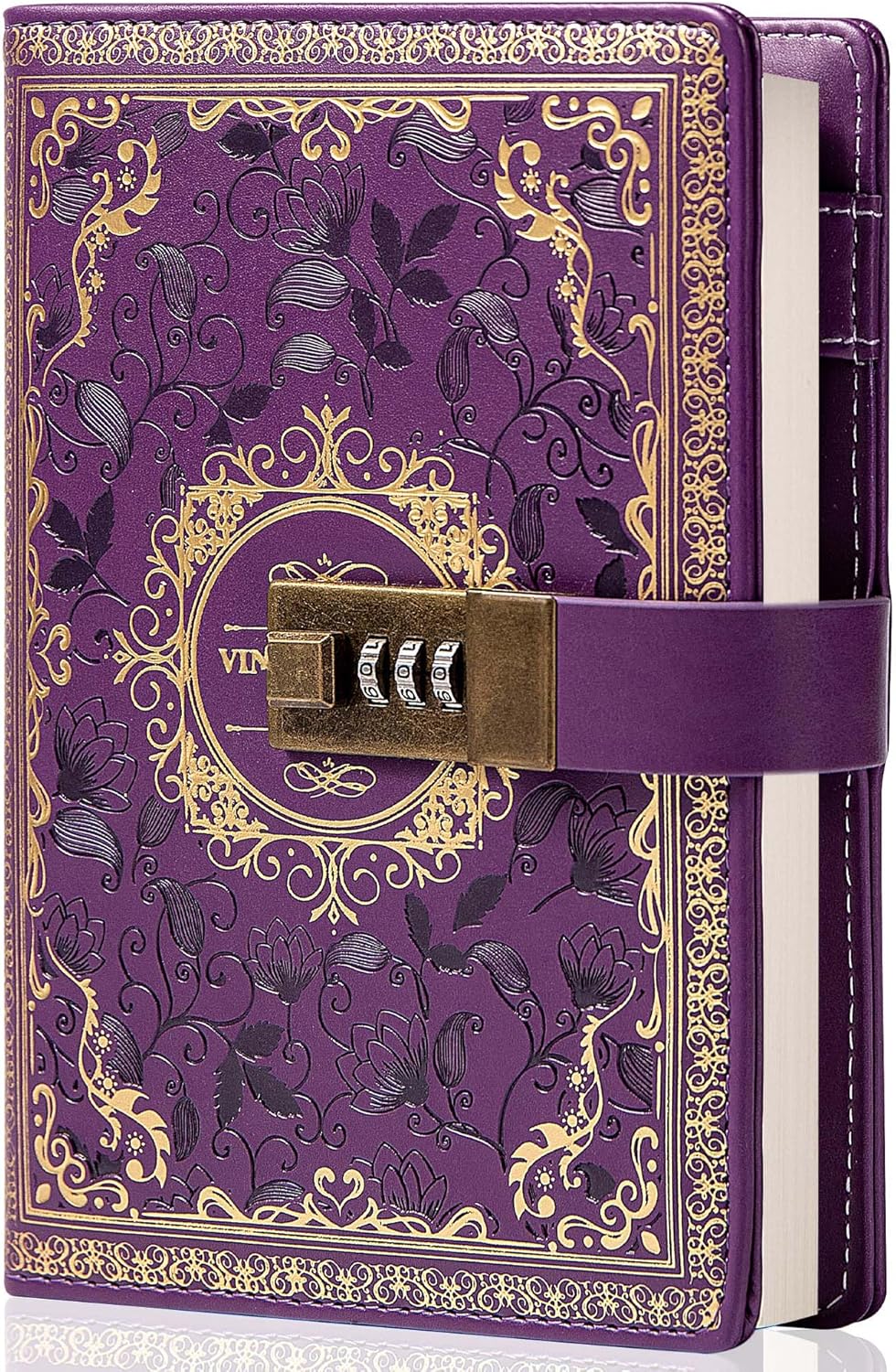 Vintage Leather Journal Notebook with Combination Lock, B6 Embossed Flower Secre...