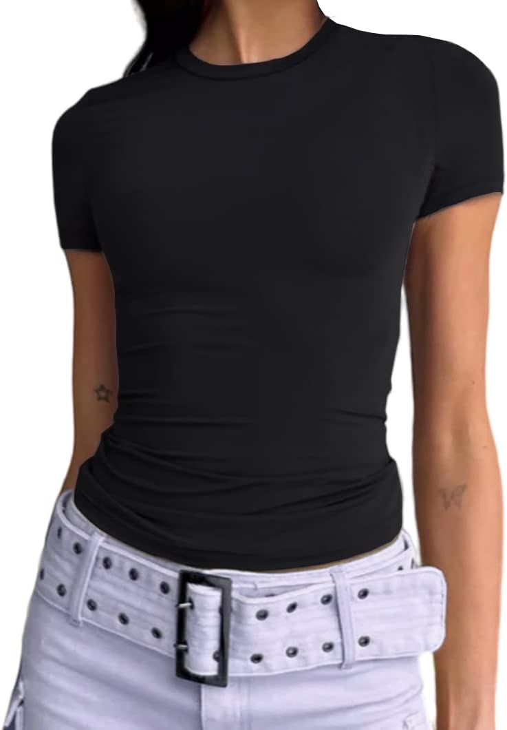 Abardsion Women's Casual Basic Going Out Crop Tops Slim Fit Short Sleeve Crew Ne...