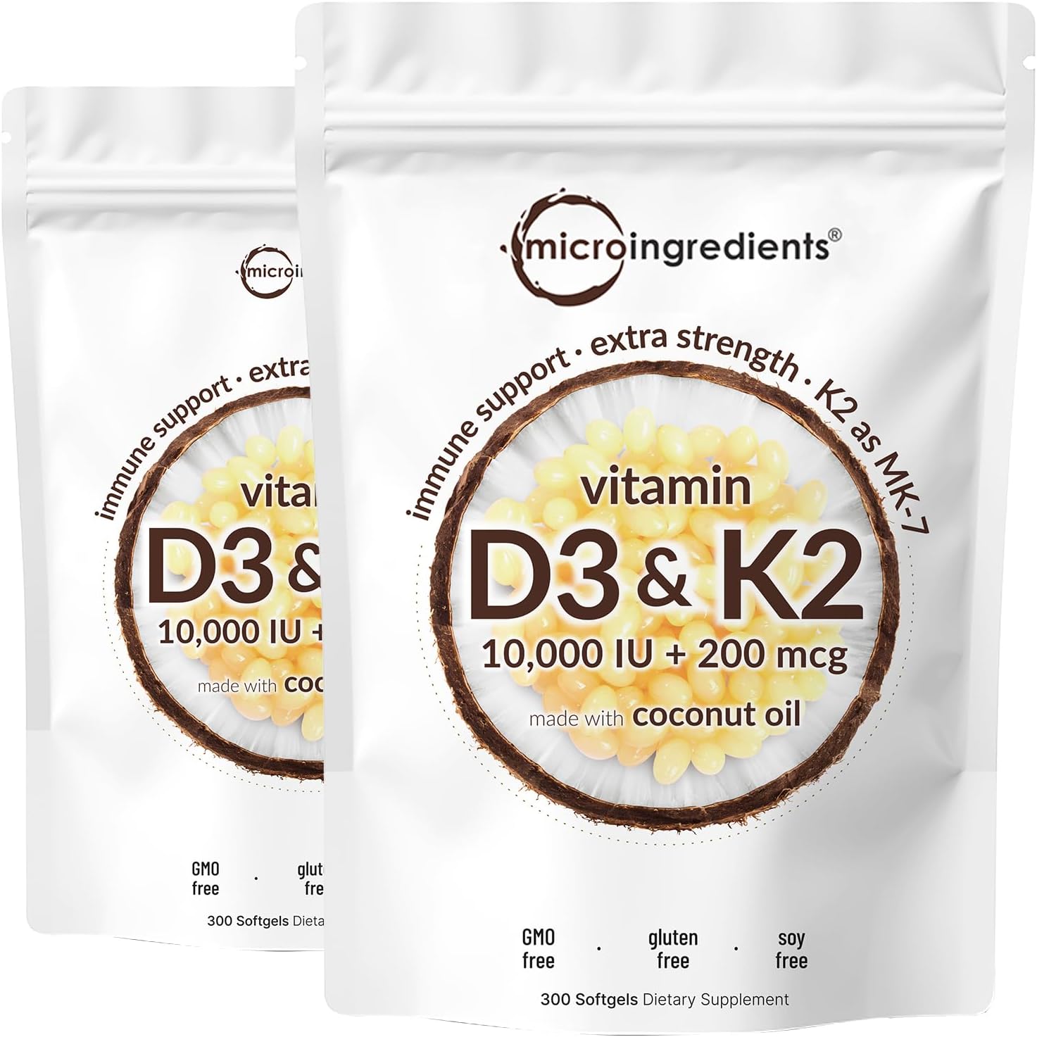 2 Pack Vitamin D3 10000 iu Plus K2 (MK-7) 200 mcg, 300 Virgin Coconut Oil Softge...