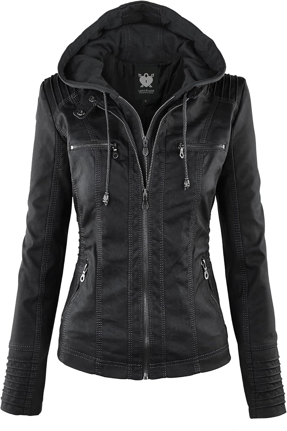 Lock and Love Women's Removable Hooded Faux Leather Jacket Moto Biker Coat Large...