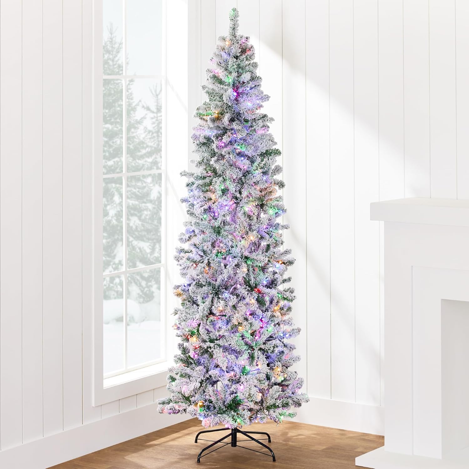 Best Choice Products Flocked Pencil Christmas Tree, Pre-Lit Slim 7.5ft Artificia...