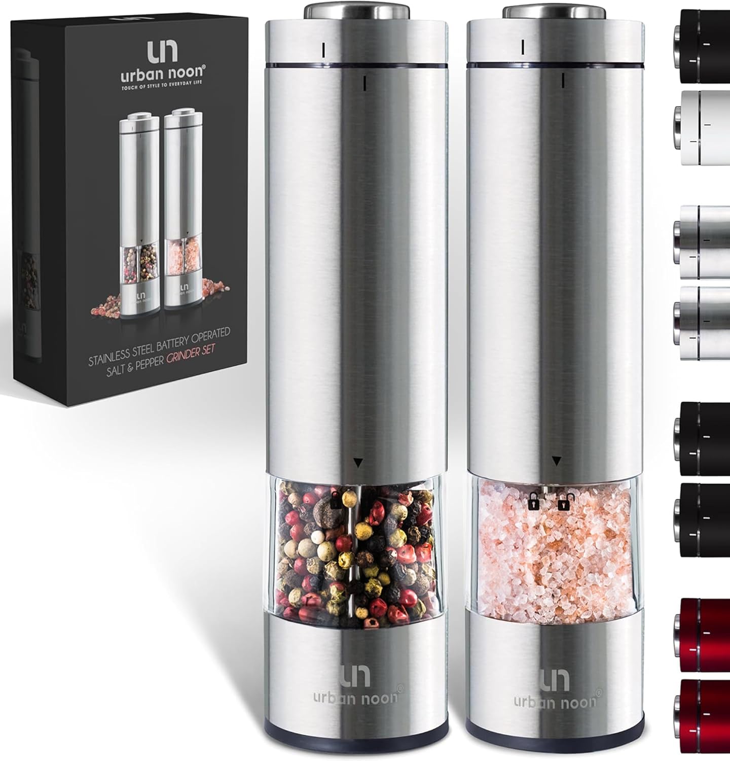Electric Salt and Pepper Grinder Set - Battery Operated Stainless Steel Mill wit...