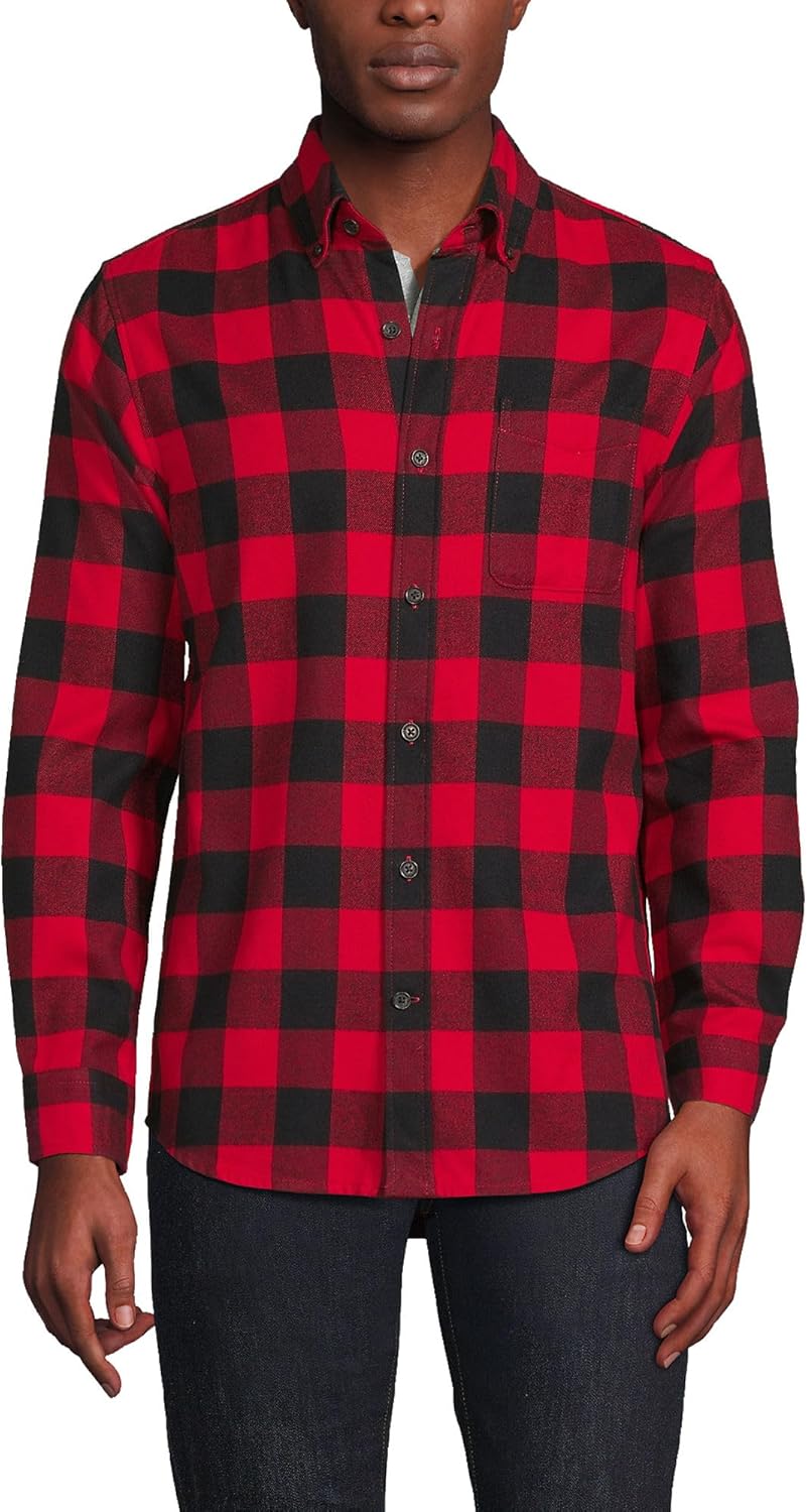 Lands' End Men's Traditional Fit Flagship Flannel Shirt Large Red Buffalo Check
