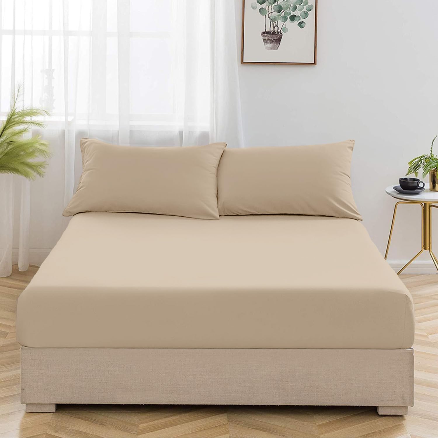 Oxford Homeware Beige King Size Fitted Sheets -100% Brushed Microfibre 1800 Easy...