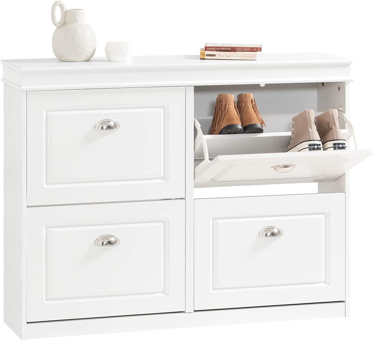 Haotian White Shoe Cabinet with 4 Flip Drawers, Large Freestanding Shoe Rack, Mo...