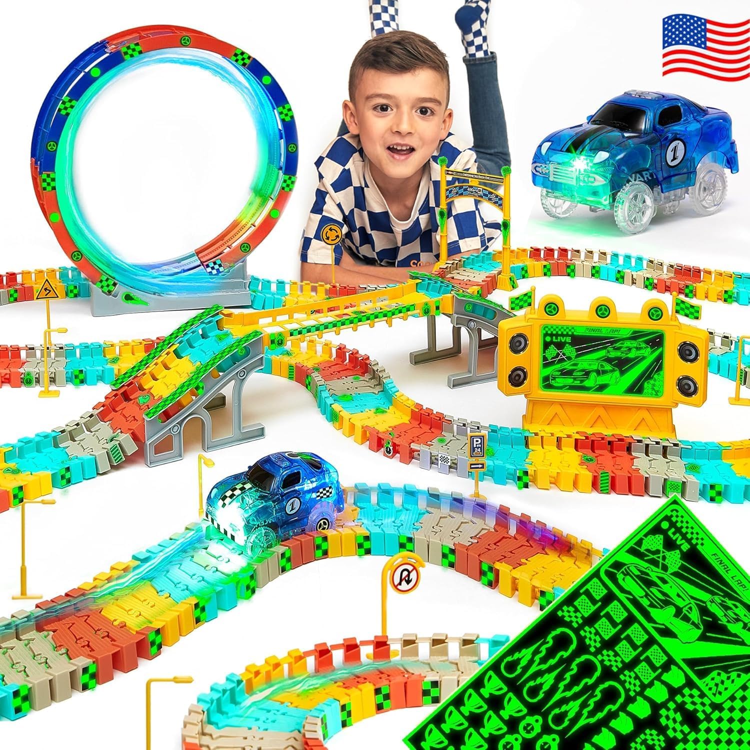 JITTERYGIT Race Track Glow in The Dark Magic Toy Set, Kids Light Up Flexible Car...