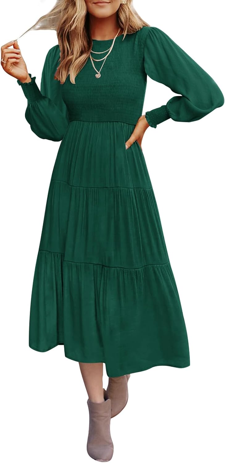ZESICA Women's 2024 Casual Long Sleeve Crew Neck High Waist Smocked Flowy Tiered...