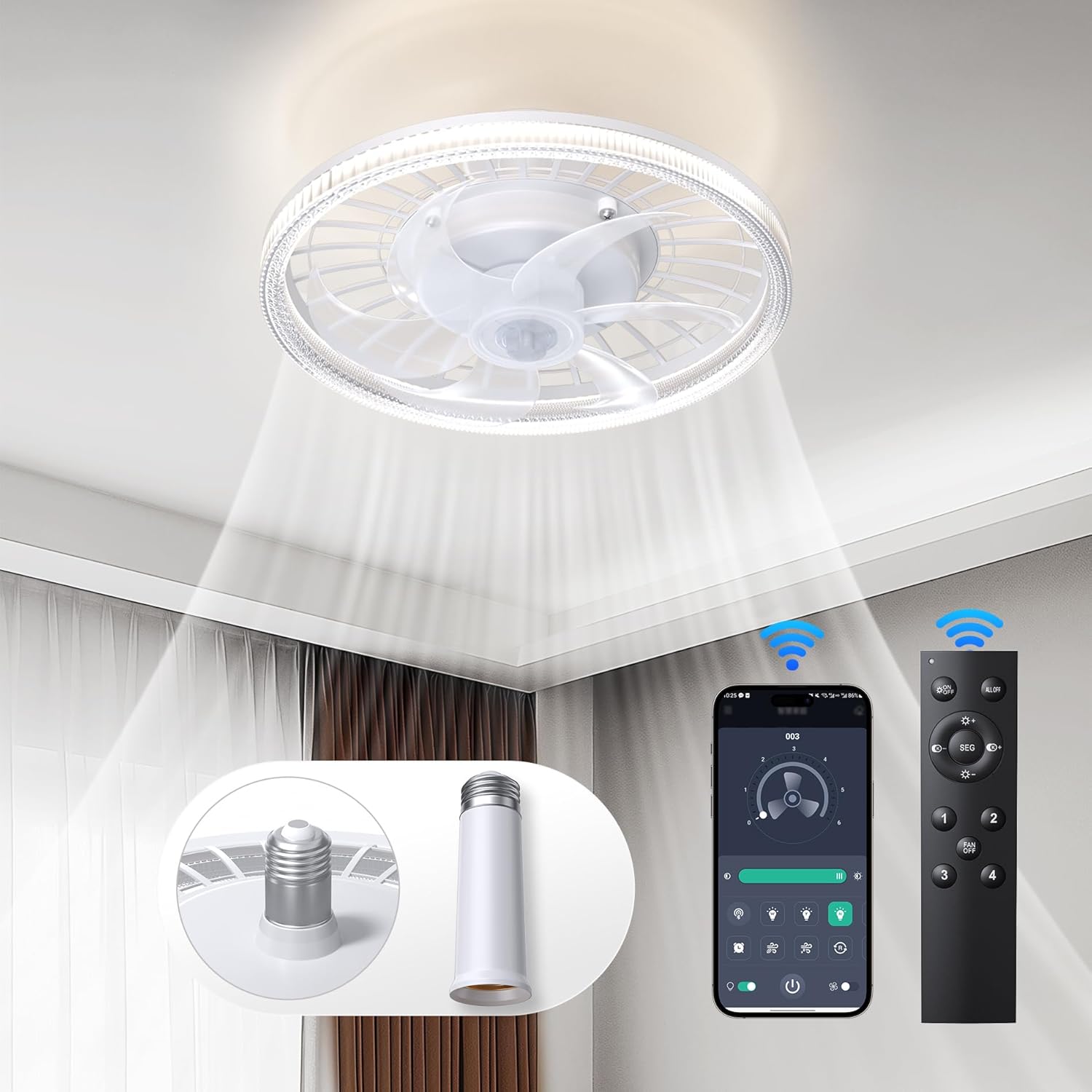 Socket Ceiling Fan Light Bedroom:13 Inch Small Ceiling Fans with Lights and Remo...