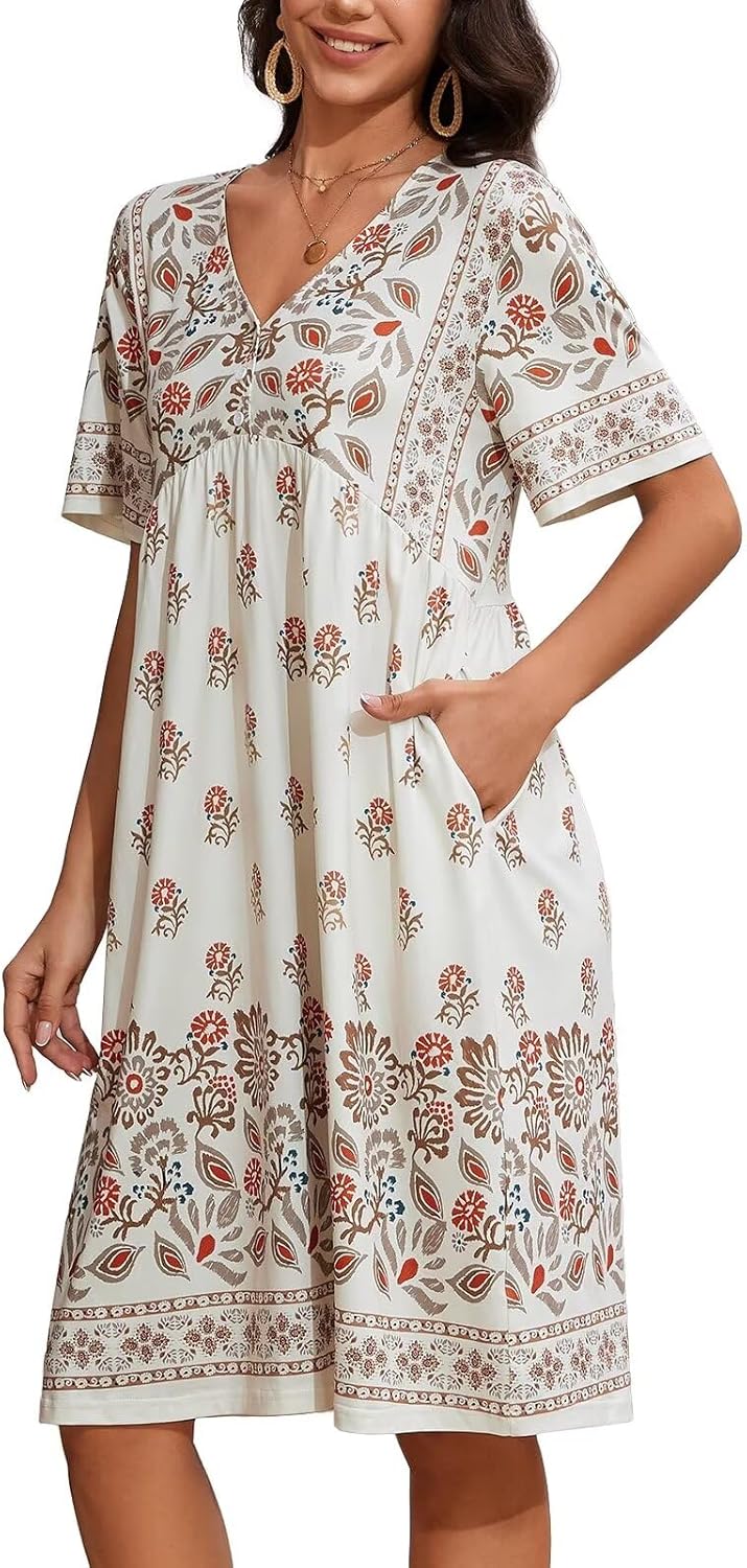Womens House Dress Floral Print Nightgown with Pockets Mumu Dress S-4XL Apricot...