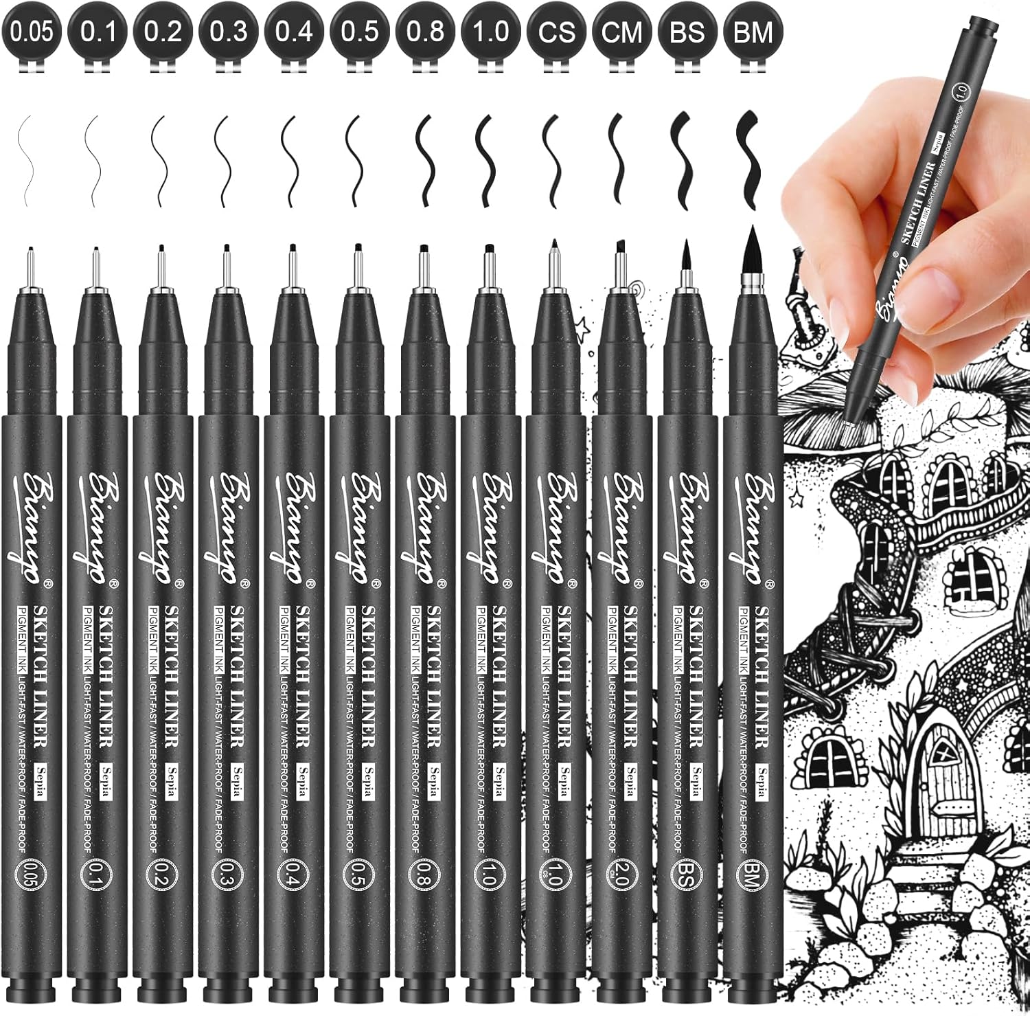 Bianyo Black Micro Pen Set - 12 Assorted Sizes Fine Line Drawing, Upgraded Pigme...