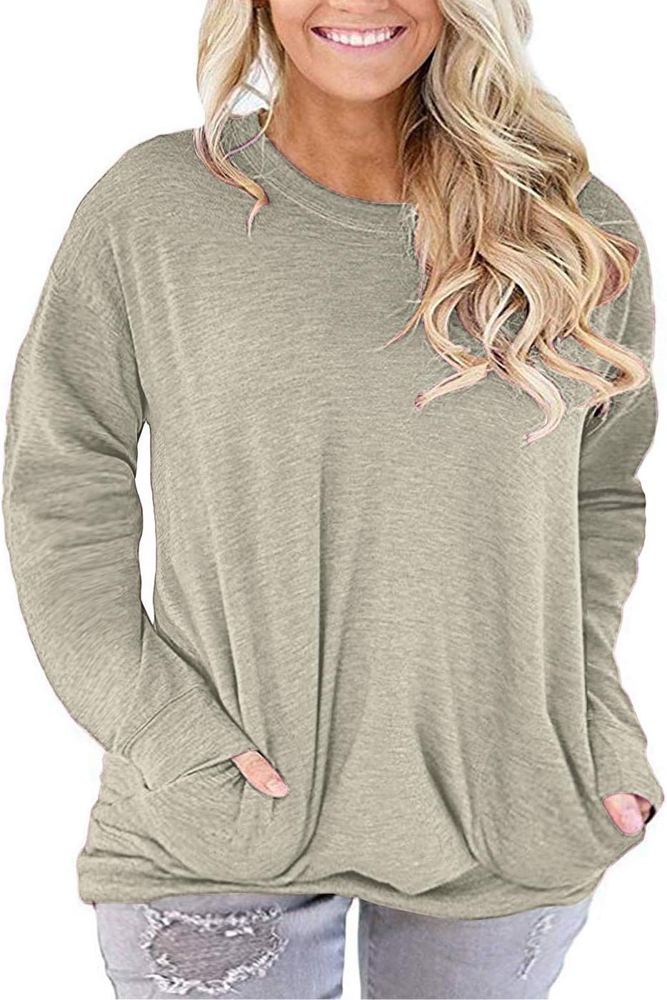 PLOKNRD Womens Plus Size Tops Casual Round Neck Long Sleeve Fit Tunic Top Baggy...