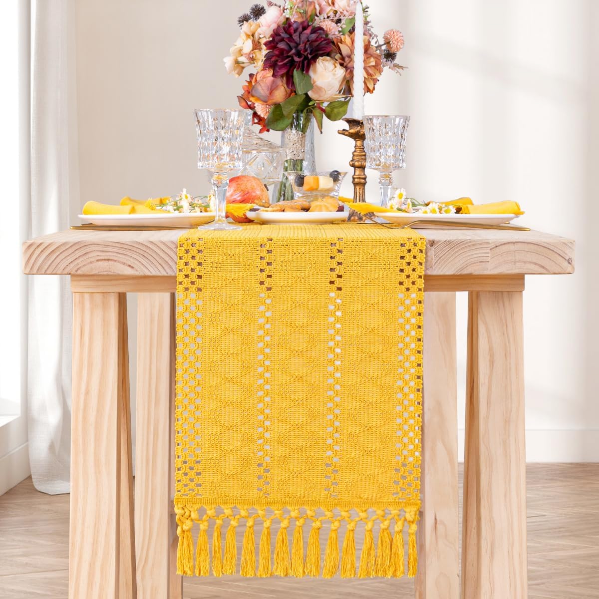 Christmas Table Runner 12 x 90 Inches Farmhouse Woven Table Runner with Tassels...