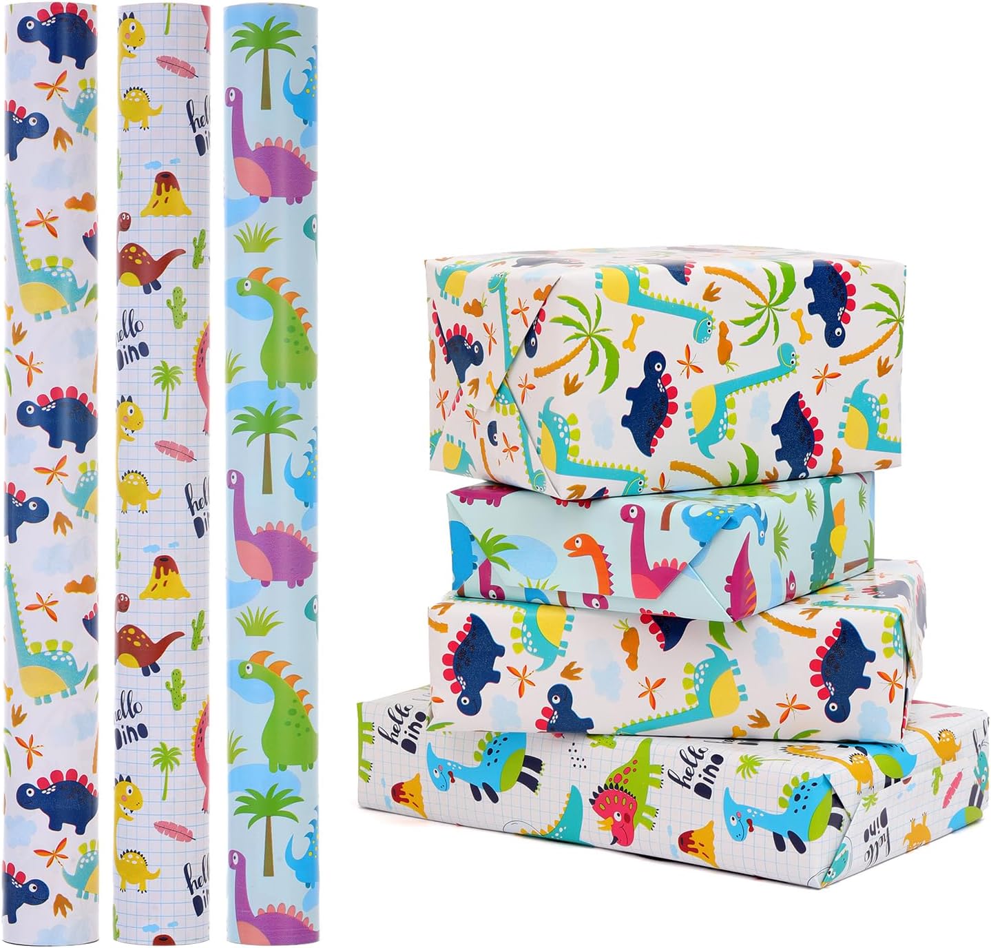 HBell Dinosaur Wrapping Paper Rolls - 3 Rolls 43cm x 3M Dinosaur Christmas Wrapp...