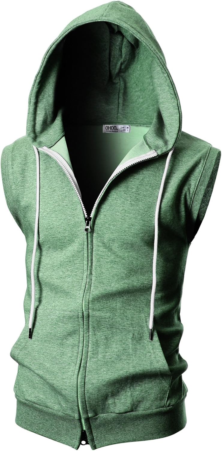 Ohoo Mens Slim Fit Sleeveless Lightweight Zip Up Hooded Sweatshirt Vest Hoodie D...