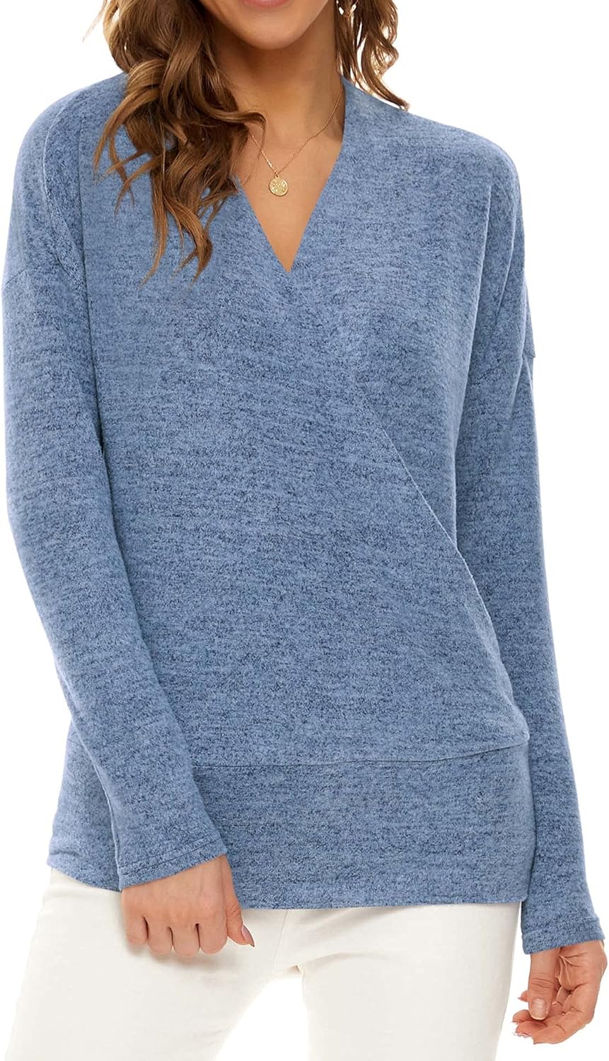 Neineiwu Women's 2024 Long Sleeve Wrapped Surplice V Neck Casual Knit Tunic Tops...