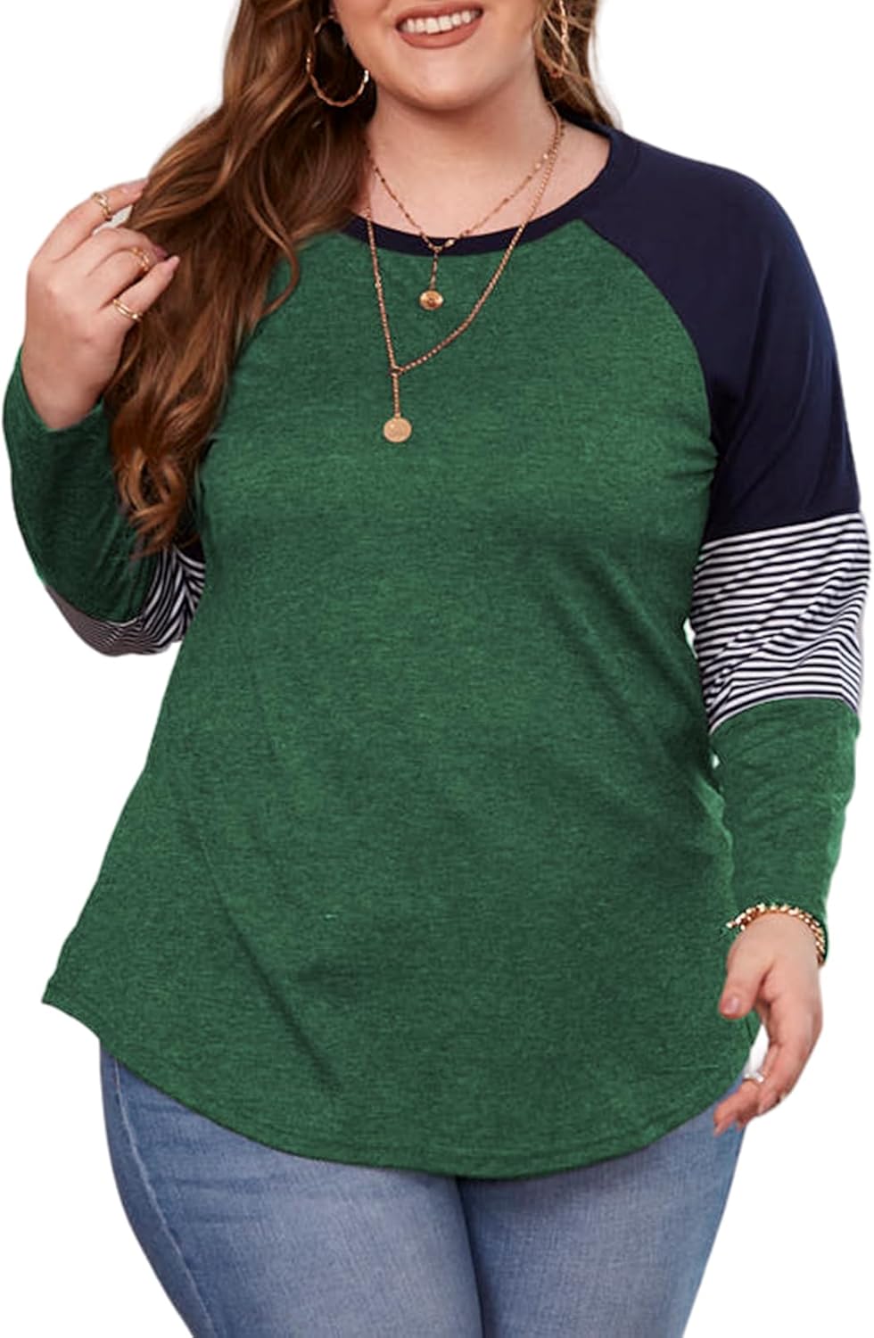 ROSRISS Plus-Size Tops for Women Raglan Short/Long Sleeve Color Block Striped T-...