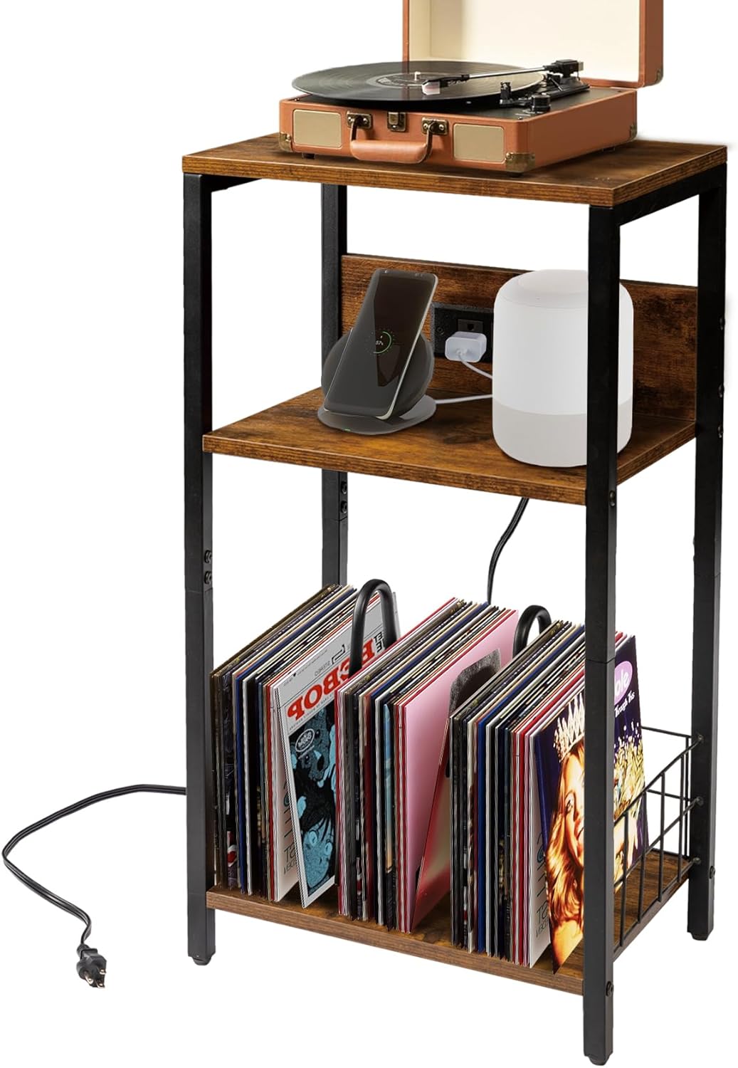 Record Player Table With Charging Station Vinyl Record Player Stand With Vinyl S...