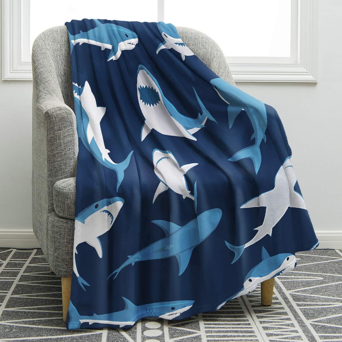 Jekeno Cartoon Shark Blanket Blue Soft Warm Print Throw Blanket for Kids Adult O...