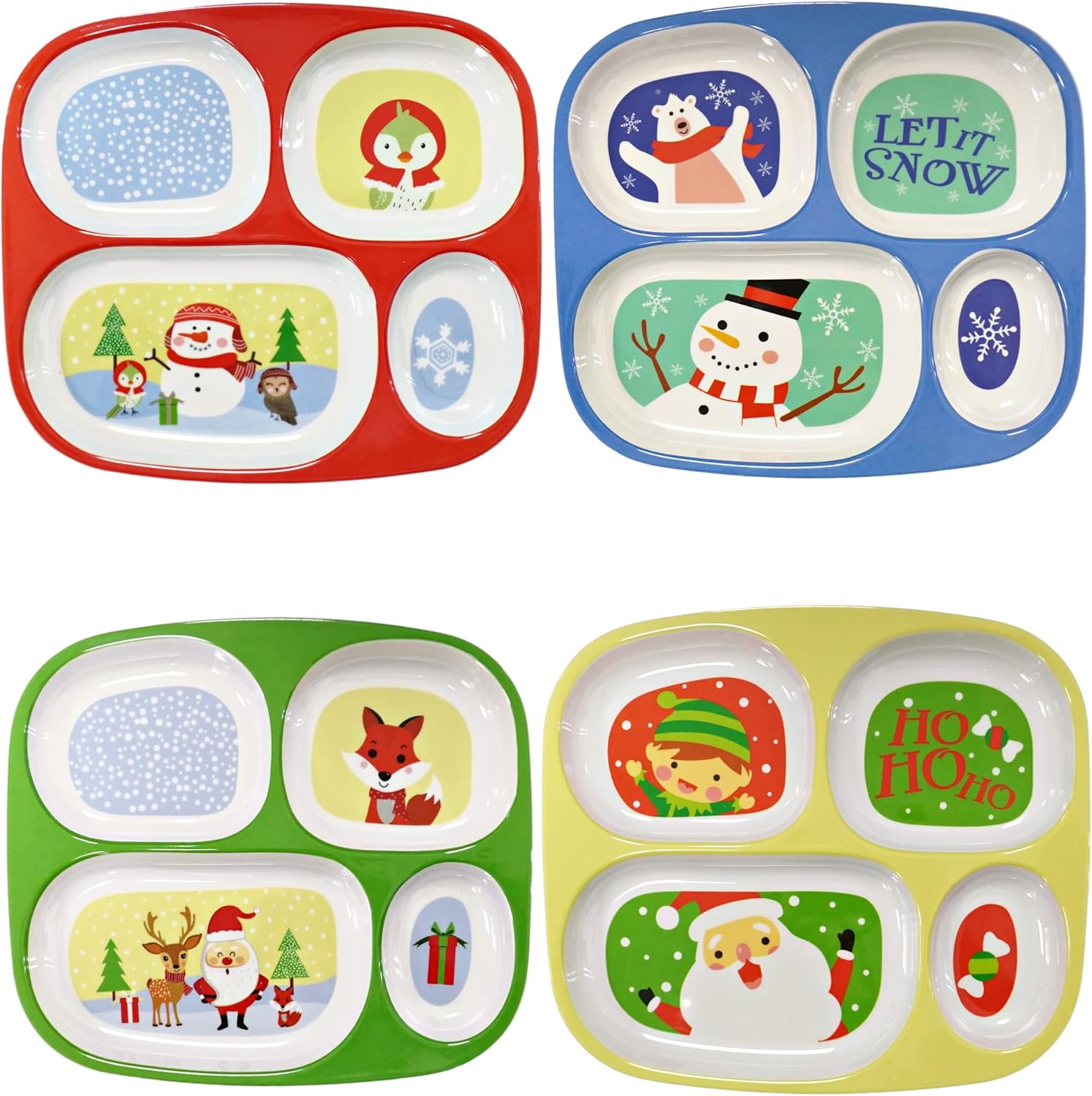 4E's Novelty Christmas Dinnerware Divided Plates For Kids (Set of 4) Melamine Pl...