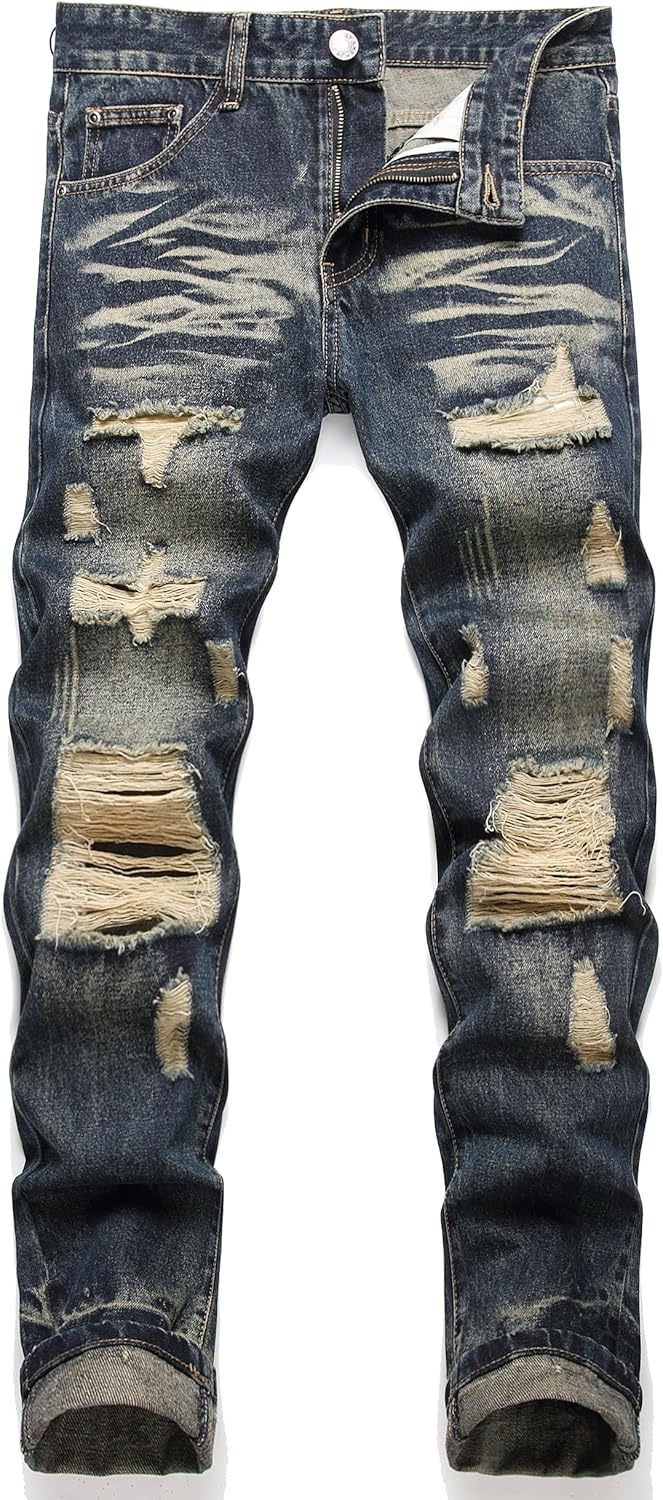 AITITIA Men's Ripped Regular Fit Jeans 28 3005 Blue