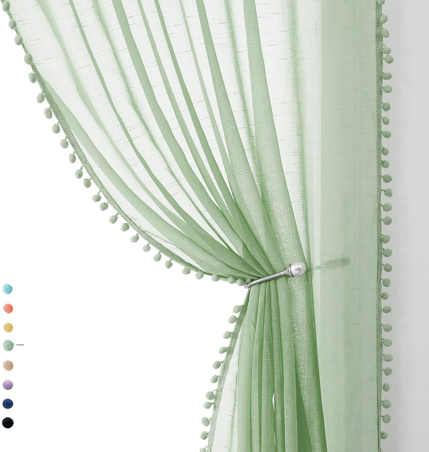 Treatmentex Pompom Sheer Green Curtains for Bedroom 72" Length Nursery Room Slub...
