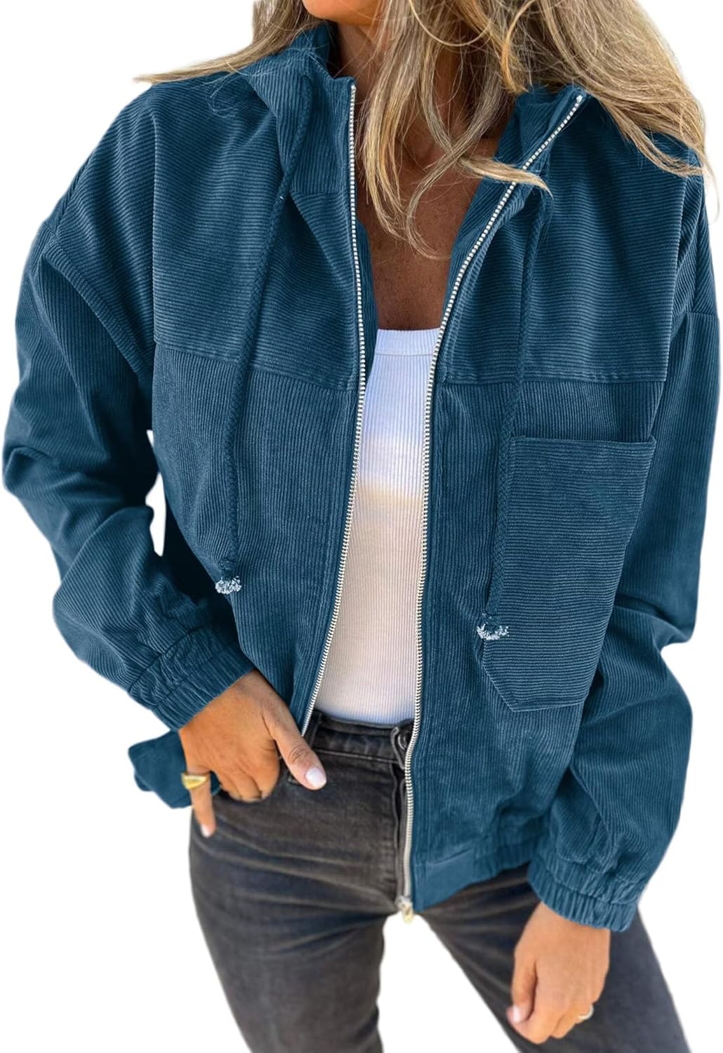 VICHYIE Corduroy Drawstring Hooded Pocket Zip Up Jacket Loose Shacket Coat Large...
