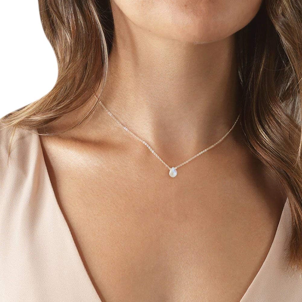Rainbow Moonstone Sterling Silver Necklace for Women, Handmade Genuine Teardrop...